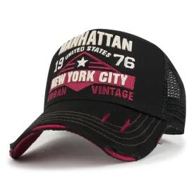 ililily PREMIUM Manhattan Wide Embroidery Trucker Hat Vintage Baseball Cap