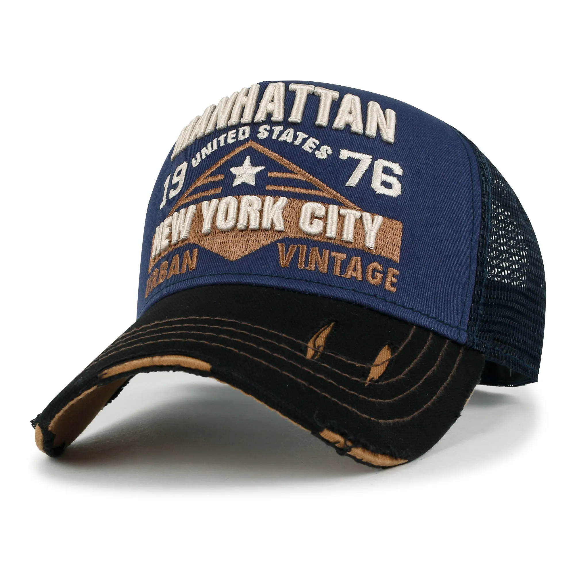 ililily PREMIUM Manhattan Wide Embroidery Trucker Hat Vintage Baseball Cap