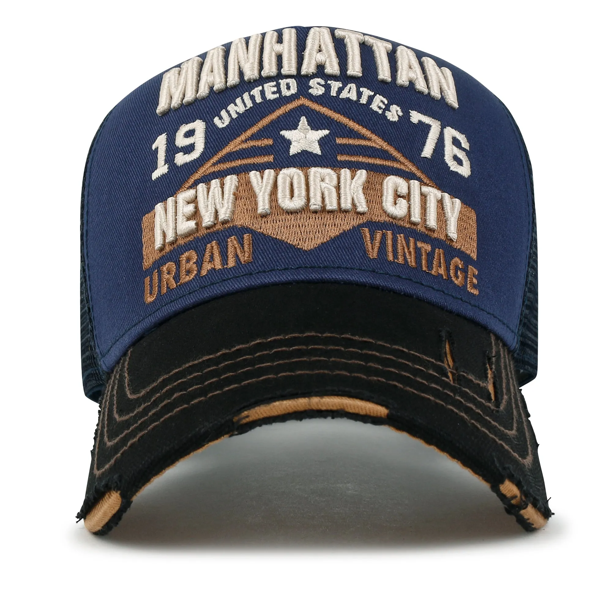 ililily PREMIUM Manhattan Wide Embroidery Trucker Hat Vintage Baseball Cap