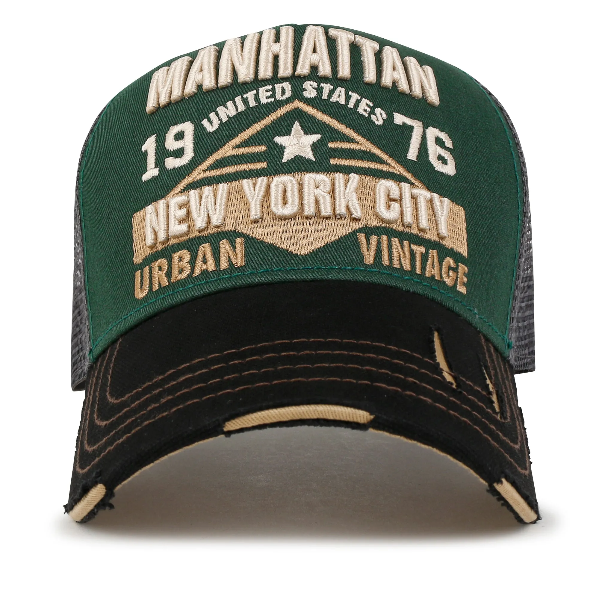 ililily PREMIUM Manhattan Wide Embroidery Trucker Hat Vintage Baseball Cap