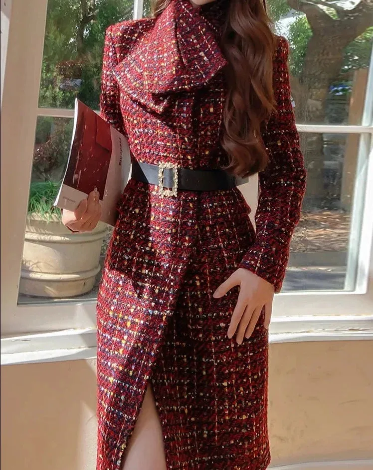 JOELENE Scarf Collar Belted Tweed Coat