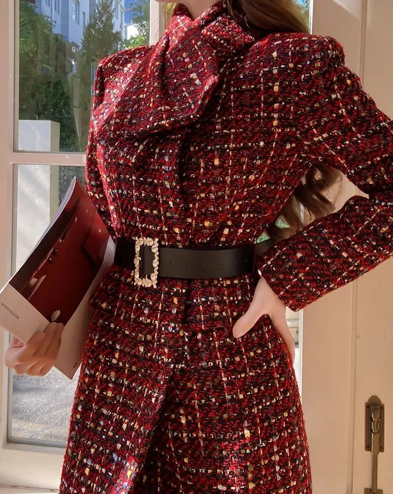 JOELENE Scarf Collar Belted Tweed Coat