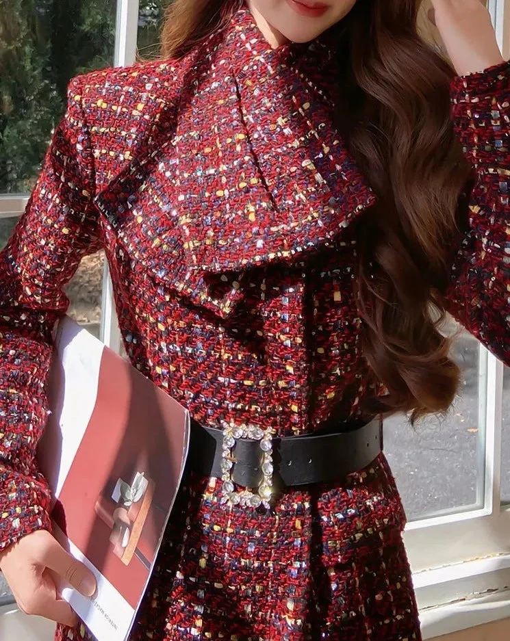 JOELENE Scarf Collar Belted Tweed Coat