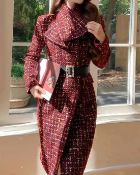 JOELENE Scarf Collar Belted Tweed Coat