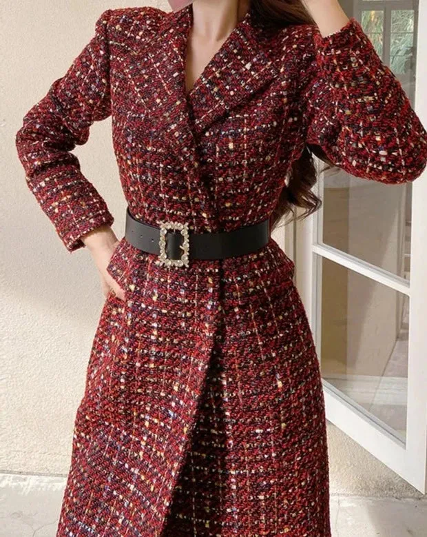 JOELENE Scarf Collar Belted Tweed Coat