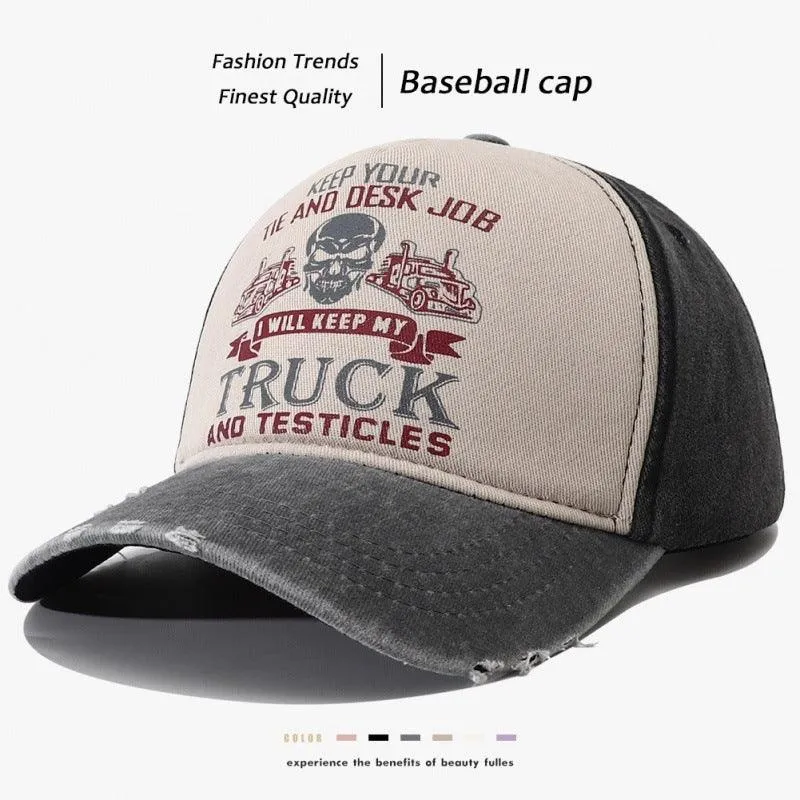 Men's Caps Peaked Hard Top Summer Trucker Cap – Stylish Letter Printing, Adjustable Cotton Cap for Sun Protection