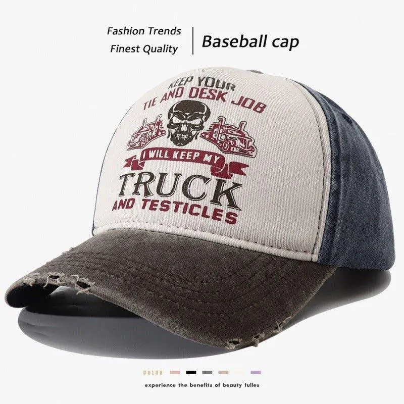 Men's Caps Peaked Hard Top Summer Trucker Cap – Stylish Letter Printing, Adjustable Cotton Cap for Sun Protection