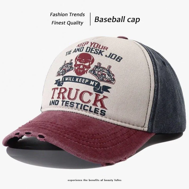 Men's Caps Peaked Hard Top Summer Trucker Cap – Stylish Letter Printing, Adjustable Cotton Cap for Sun Protection