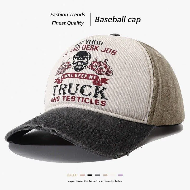 Men's Caps Peaked Hard Top Summer Trucker Cap – Stylish Letter Printing, Adjustable Cotton Cap for Sun Protection