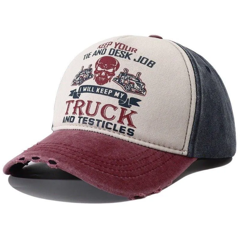 Men's Caps Peaked Hard Top Summer Trucker Cap – Stylish Letter Printing, Adjustable Cotton Cap for Sun Protection