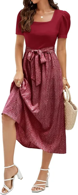 Miladusa Women 2025 Summer Dress Square Neck Short Sleeve Midi Dresses Outfits with Pockets
