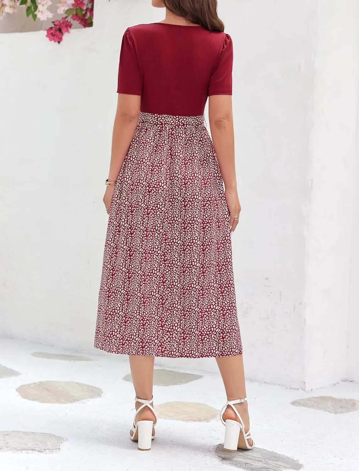 Miladusa Women 2025 Summer Dress Square Neck Short Sleeve Midi Dresses Outfits with Pockets
