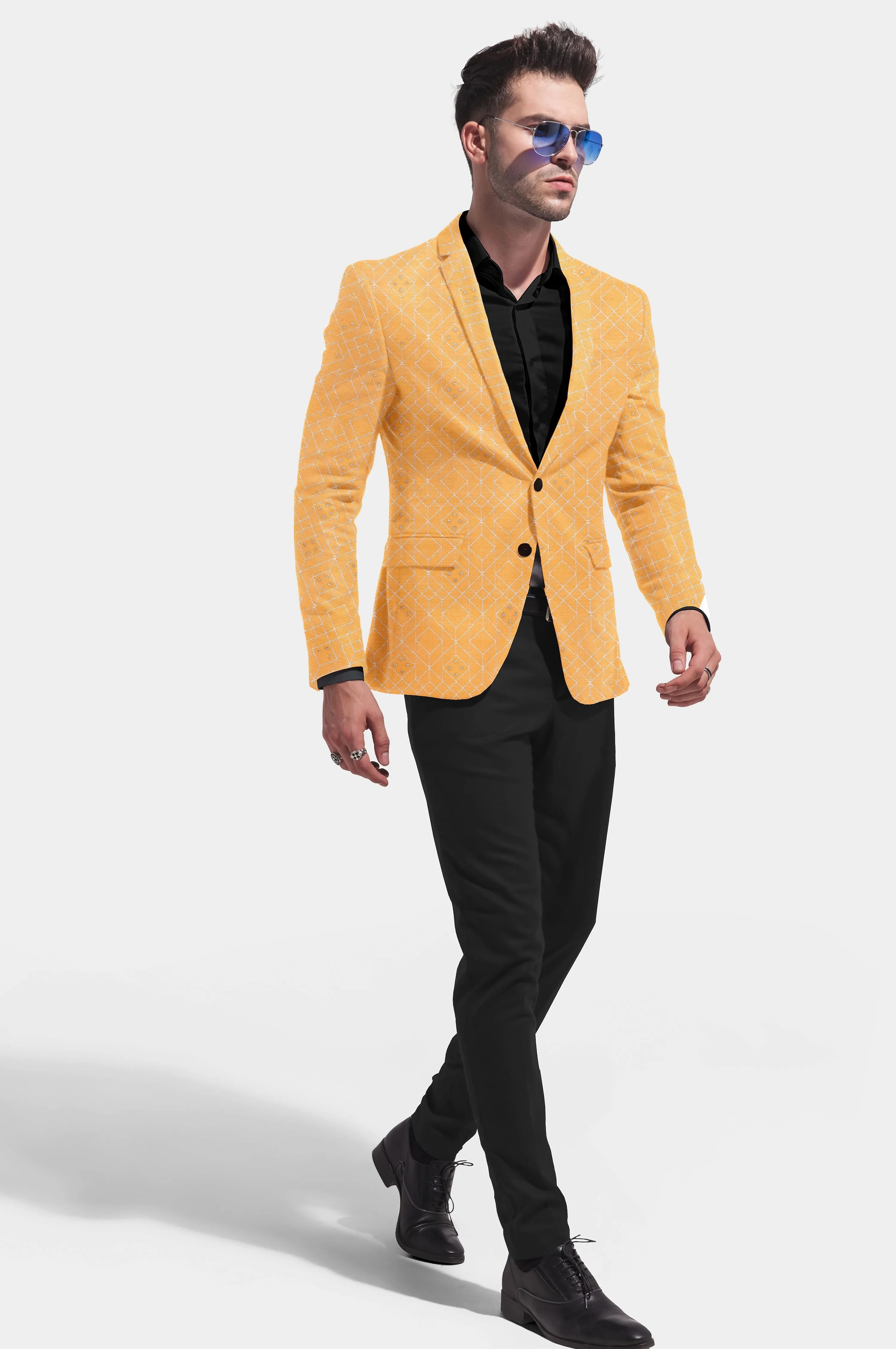 Orange Men's Party Jacquard Suit Jacket Slim Fit Blazer