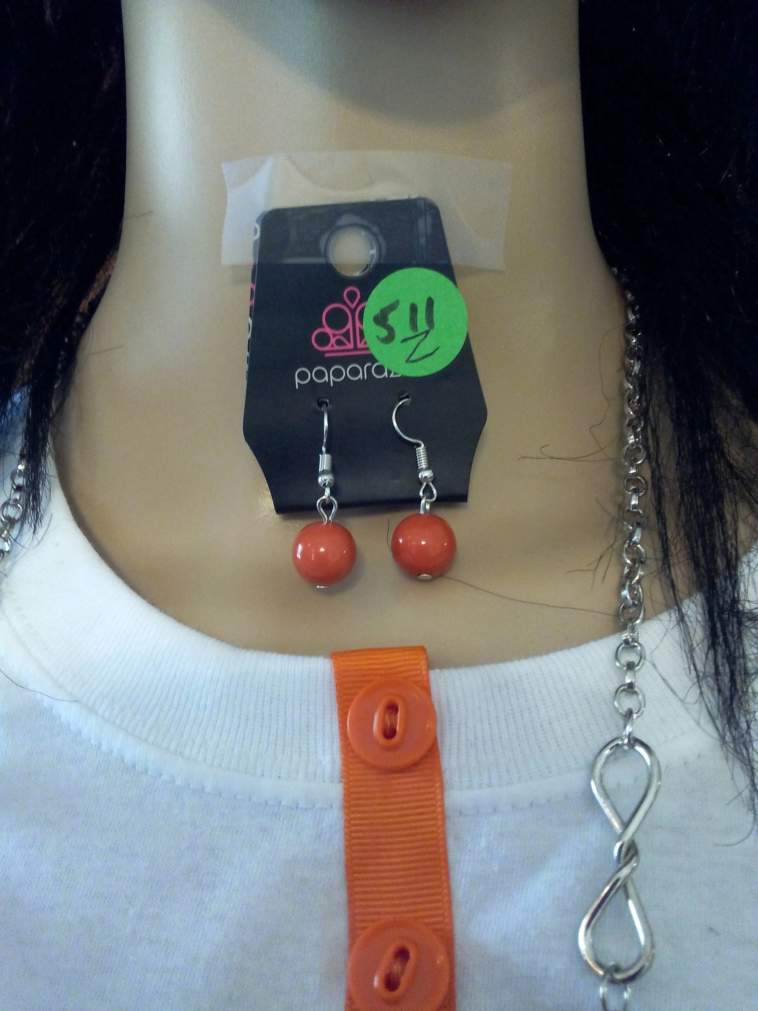 Orange Vintage Buttons Ladies T-Shirt with Black & Orange Leopard Scarf plus Necklace Set