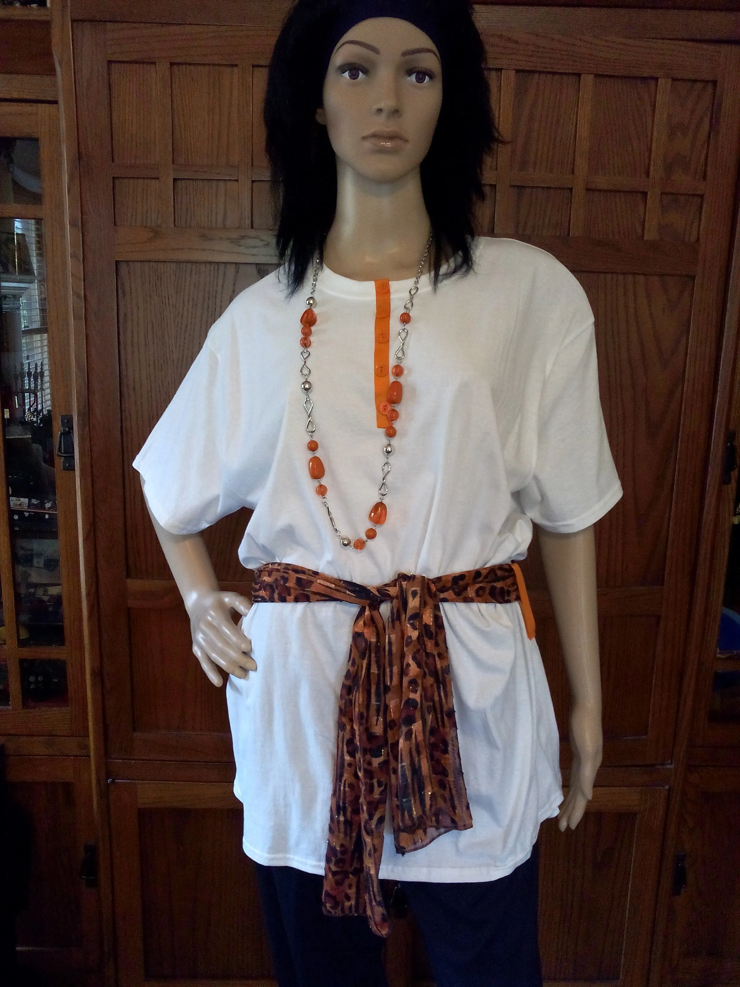 Orange Vintage Buttons Ladies T-Shirt with Black & Orange Leopard Scarf plus Necklace Set