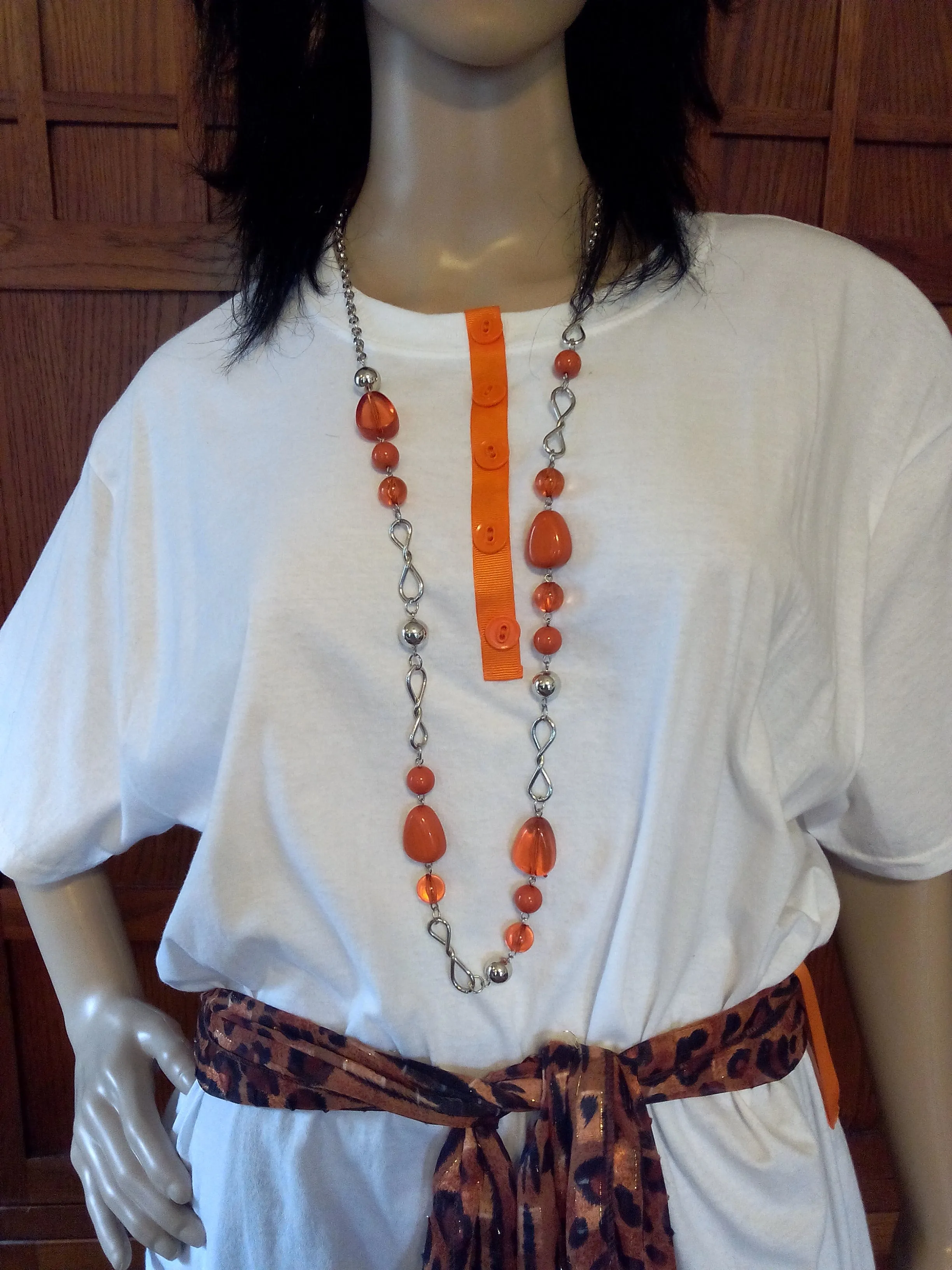 Orange Vintage Buttons Ladies T-Shirt with Black & Orange Leopard Scarf plus Necklace Set