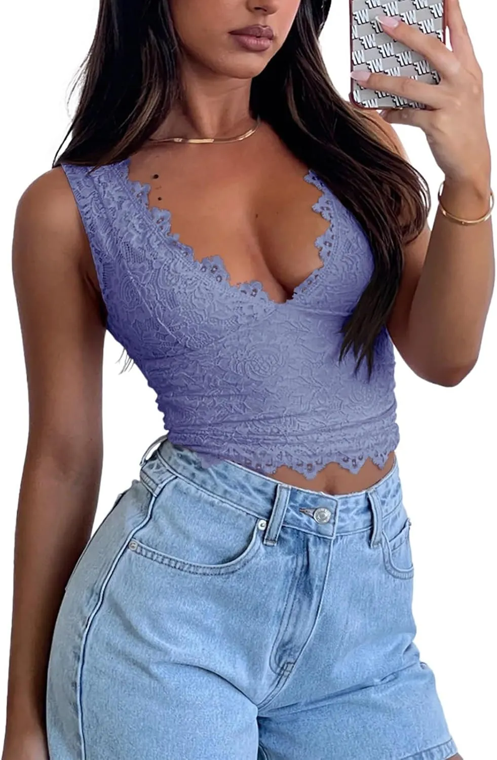 REORIA Womens Sexy V-Neck Sleeveless Double Lined Going Out Y2K Trendy Lace Cropped Tank Tops