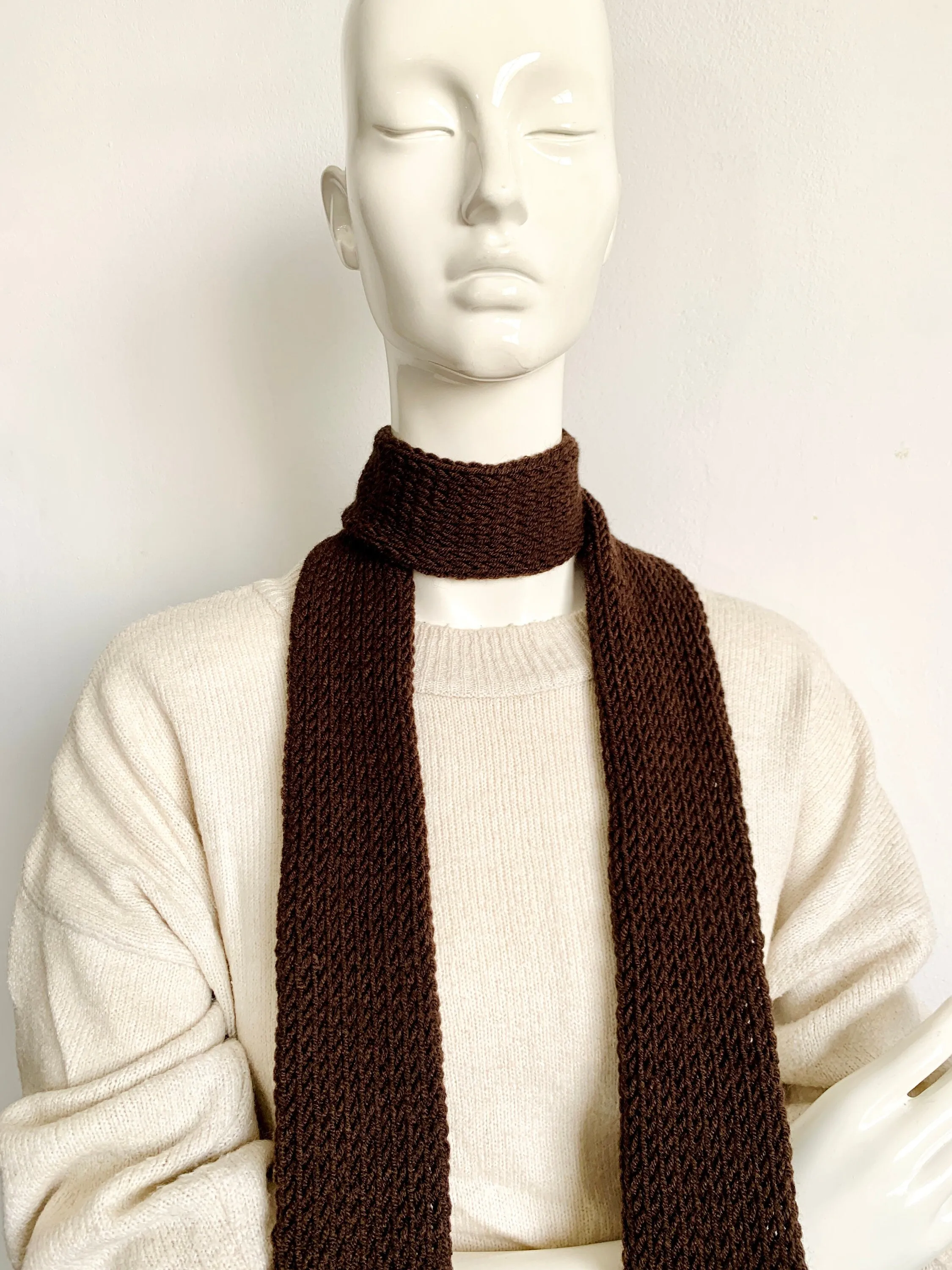 Skinny Scarf, Cocoa Brown Skinny Knit Scarf, Handmade Knitted Long Scarf Tie, Choco Brown Double Layer Tube Thin Scarf, Glamorous & Elegant