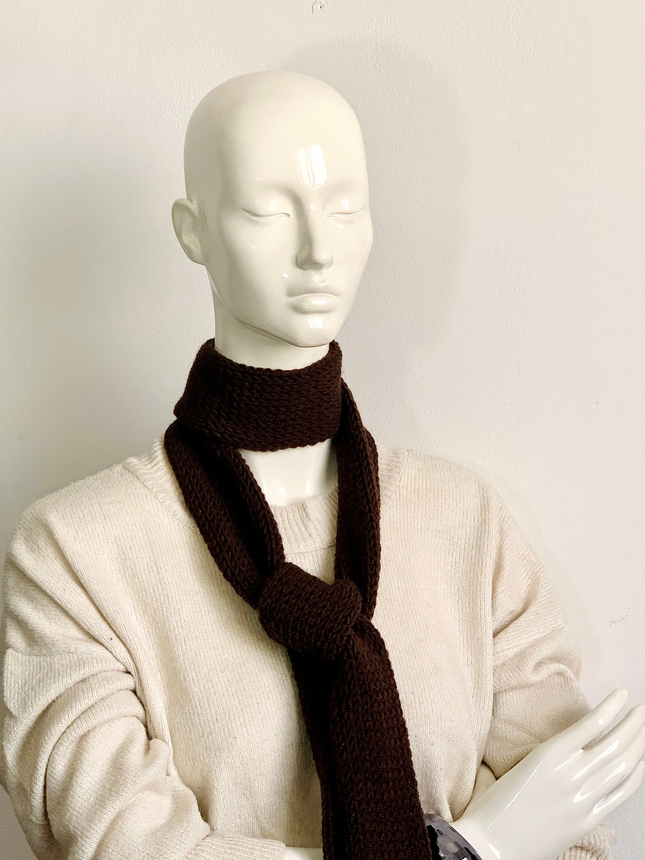 Skinny Scarf, Cocoa Brown Skinny Knit Scarf, Handmade Knitted Long Scarf Tie, Choco Brown Double Layer Tube Thin Scarf, Glamorous & Elegant