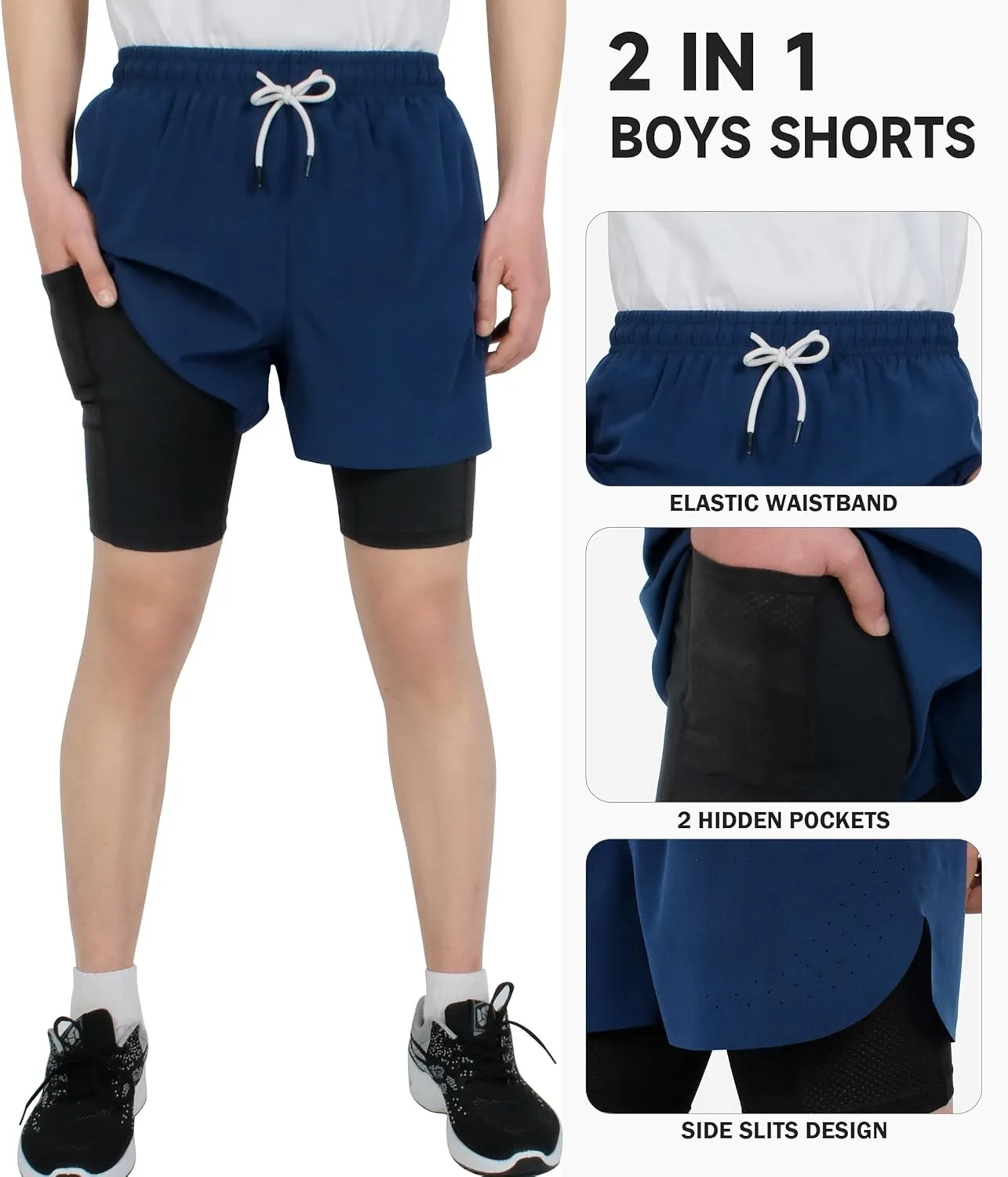 TLAENSON Boys Running Shorts with Liner Kids 2 in 1 Quick Dry Workout Athletic Shorts with Pockets