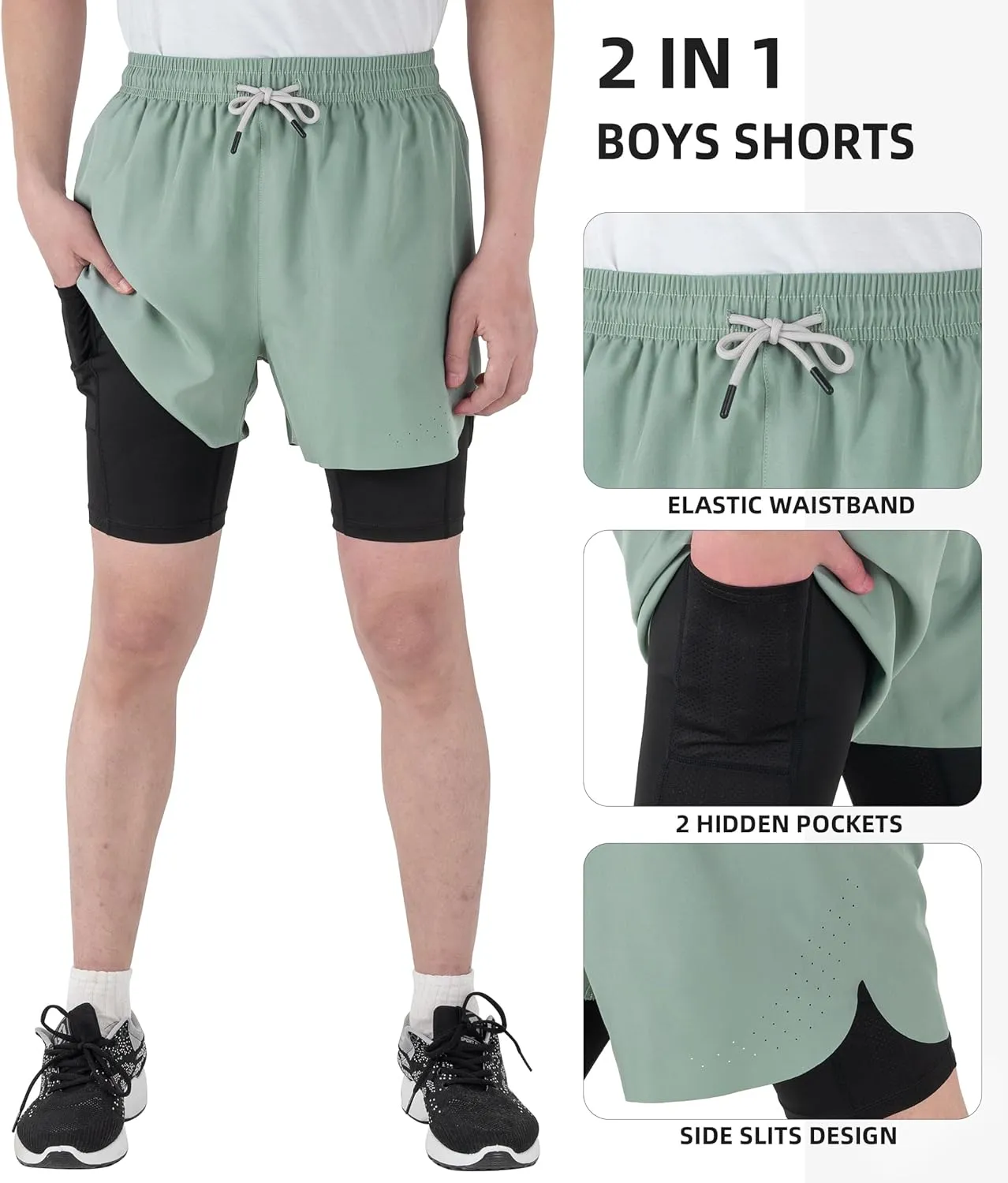 TLAENSON Boys Running Shorts with Liner Kids 2 in 1 Quick Dry Workout Athletic Shorts with Pockets