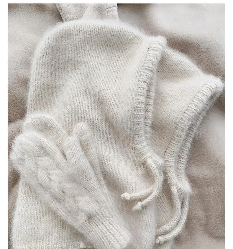 Women's Autumn Warm Scarf-Neck Woolen Knitted Hat - Dome Style Rabbit Fur