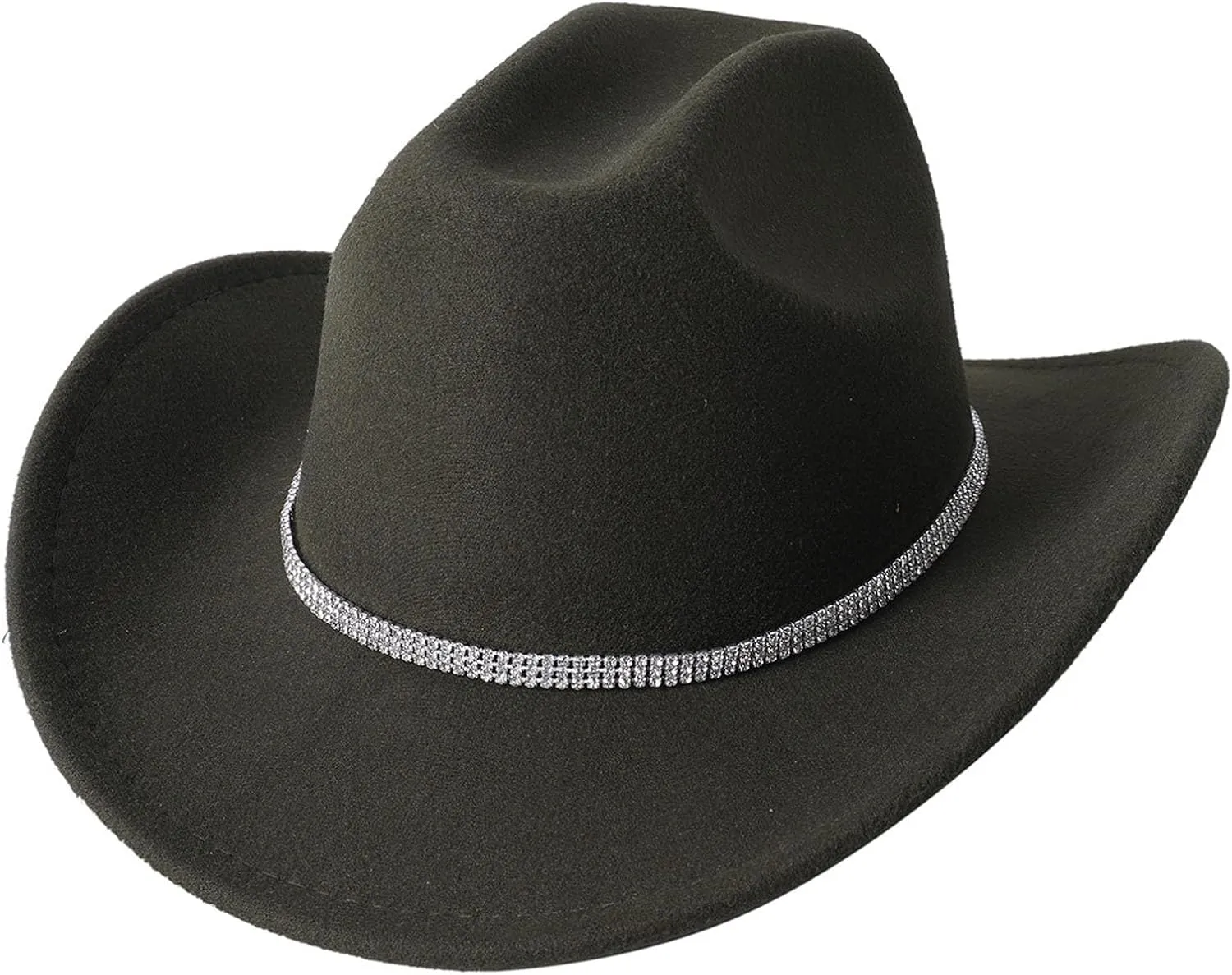 Womens Mens Rhinestone Western Cowboy Hat Wide Brim Felt Fedora Bling Hats with Diamonds Band Cowboy Hat for Party