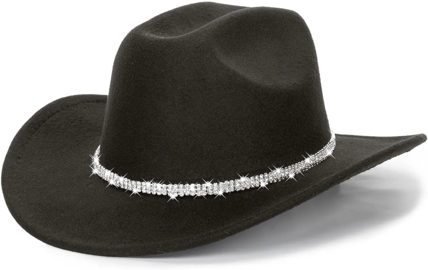 Womens Mens Rhinestone Western Cowboy Hat Wide Brim Felt Fedora Bling Hats with Diamonds Band Cowboy Hat for Party